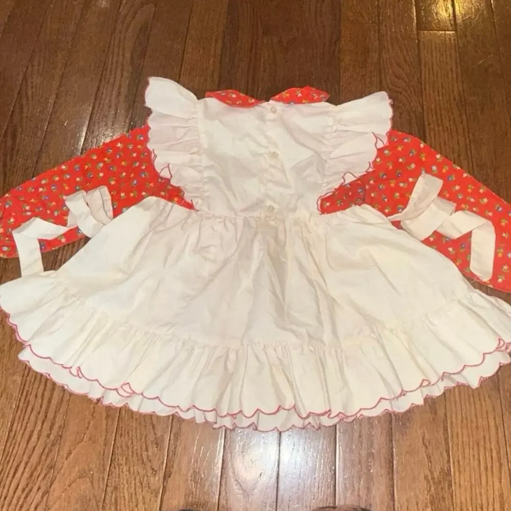 90s Vintage Nannette Prairie Dress 3T Red Floral White Apron Ruffle Cottagecore